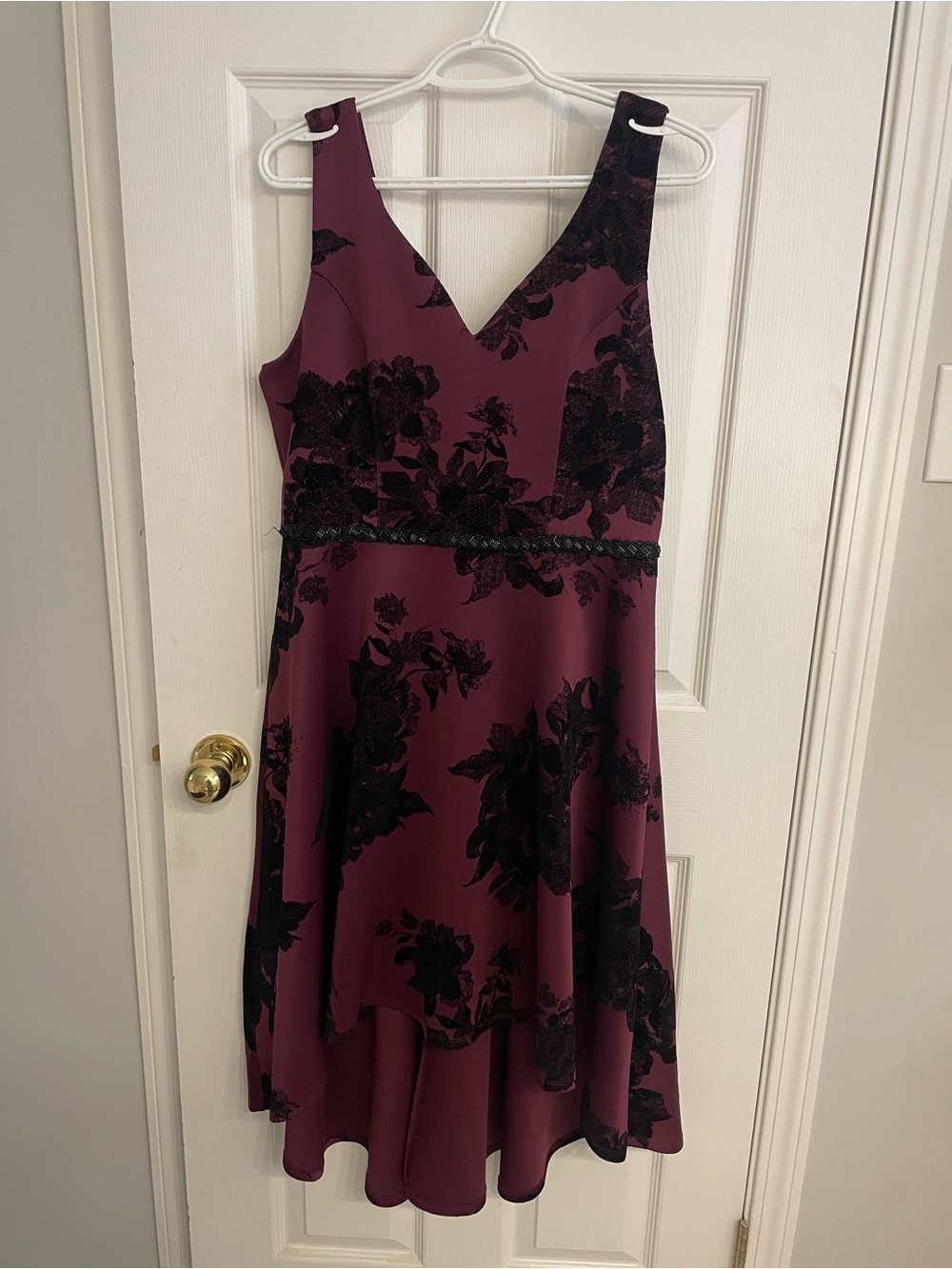 Maurices Burgundy and Black Floral V-Neck High-Low Dress